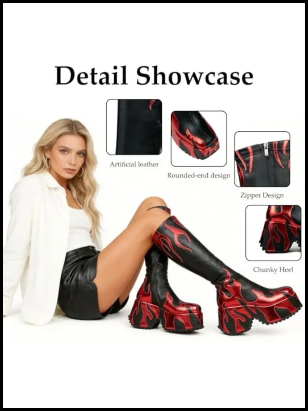 Flame Print Chunky Platform Wedge Ankle Boots with Side Zipper